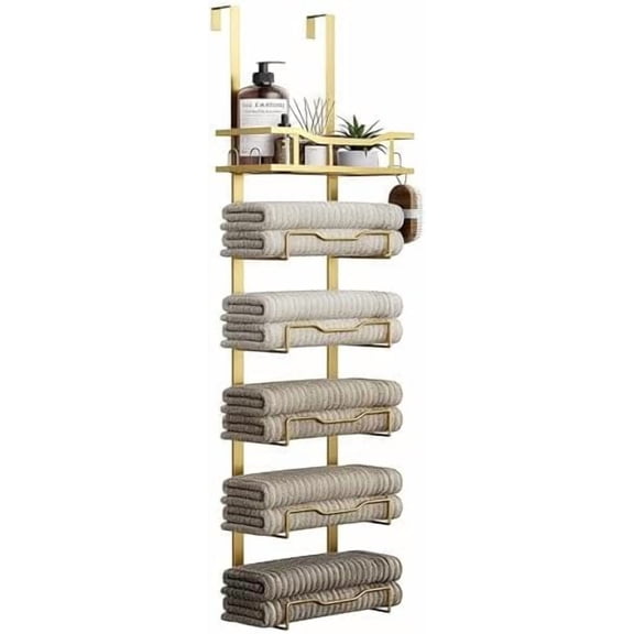 Hanging Towel Racks for Bathroom No Drill - 6-Tier Over The Door Bath Towel Storage Organizer for Small Bathrooms - Tiered Back of Door Towel Holder Hanger for Rolled Towels RV Camper Gold