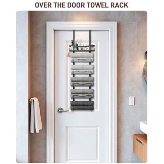 Hanging Towel Racks for Bathroom No Drill - 6-Tier Over The Door Bath Towel Storage Organizer for Small Bathrooms - Tiered Back of Door Towel Holder Hanger for Rolled Towels RV Camper Black