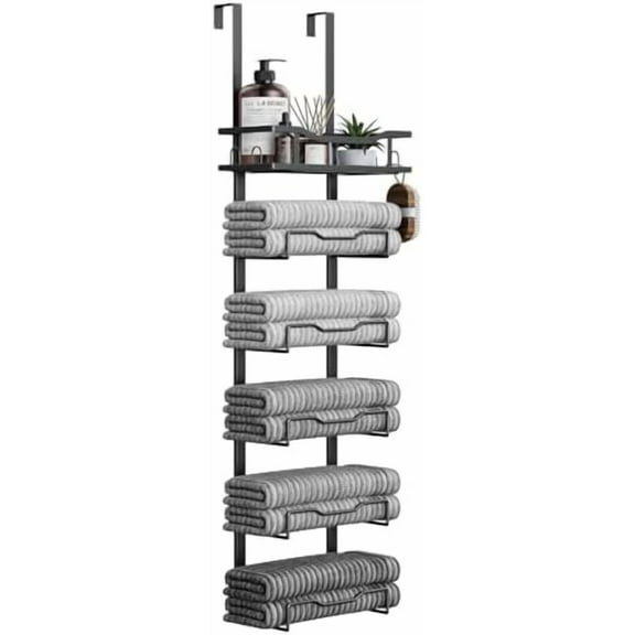 Hanging Towel Racks for Bathroom No Drill - 6-Tier Over The Door Bath Towel Storage Organizer for Small Bathrooms - Tiered Back of Door Towel Holder Hanger for Rolled Towels RV Camper Black