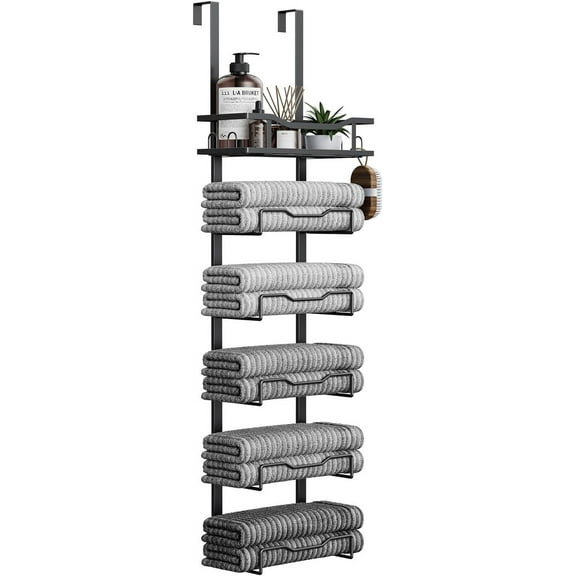 Hanging Towel Racks for Bathroom No Drill - 6-Tier Over The Door Bath Towel Storage Organizer for Small Bathrooms - Tiered Back of Door Towel Holder Hanger for Rolled Towels