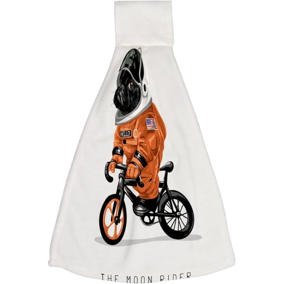 Hanging Towels 1 Pcs, Dish Towels Black Dog in Astronaut Uniform Riding Bicycle Absorbent Hand Towels with Hanging Loop Washcloth for Bathroom Kitchen
