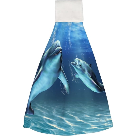 Hanging Towels 1 Pcs, Dish Towels Dolphins Playing Absorbent Hand Towels with Hanging Loop Washcloth for Bathroom Kitchen