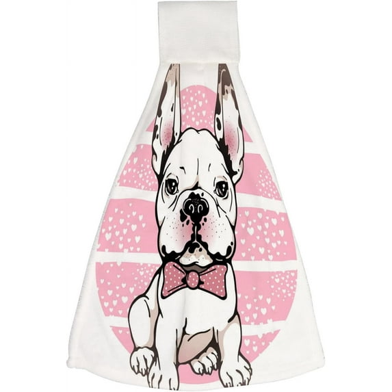 Hanging Towels 1 Pcs, Dish Towels French Bulldog with Bow Absorbent Hand Towels with Hanging Loop Washcloth for Bathroom Kitchen