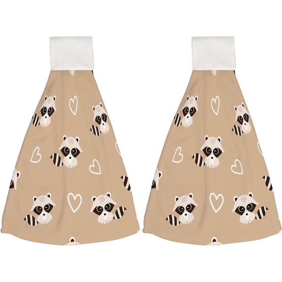 Hanging Towels 2 Pcs, Dish Towels Cute Raccoons and Hearts Absorbent Hand Towels with Hanging Loop Washcloth for Bathroom Kitchen