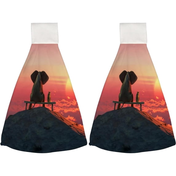 Hanging Towels 2 Pcs, Dish Towels Elephant Dog Enjoying Sunset Scene Absorbent Hand Towels with Hanging Loop Washcloth for Bathroom Kitchen