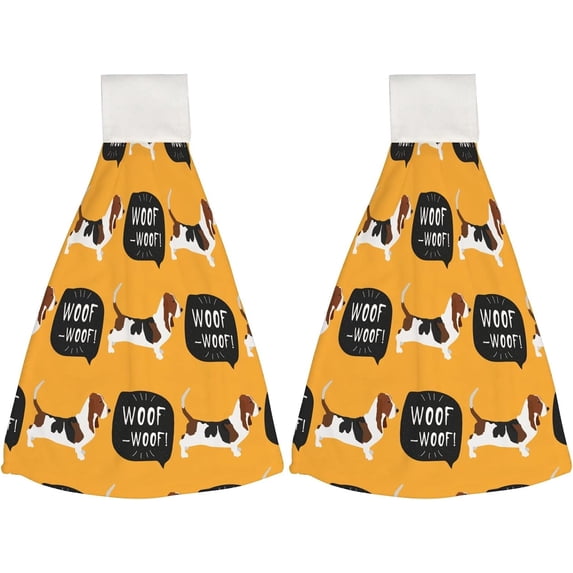 Hanging Towels 2 Pcs, Dish Towels Lovely Basset Hound Dog Absorbent Hand Towels with Hanging Loop Washcloth for Bathroom Kitchen