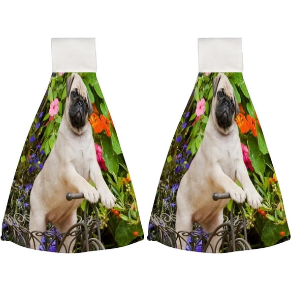 Hanging Towels 2 Pcs, Dish Towels Pug Puppy Riding Tricycle Absorbent Hand Towels with Hanging Loop Washcloth for Bathroom Kitchen