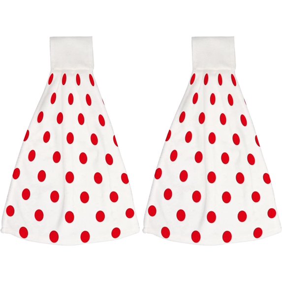 Hanging Towels 2 Pcs, Dish Towels Red Polka Dot Absorbent Hand Towels with Hanging Loop Washcloth for Bathroom Kitchen
