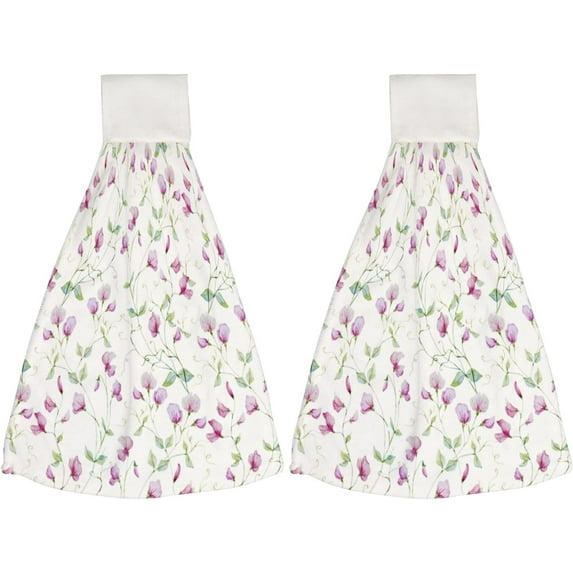 Hanging Towels 2 Pcs, Dish Towels Sweet Peas Watercolor Flowers Absorbent Hand Towels with Hanging Loop Washcloth for Bathroom Kitchen