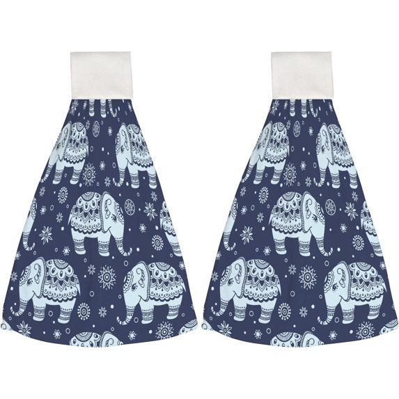 Hanging Towels 2 Pcs, Dish Towels Tribal Vintage Elephant Absorbent Hand Towels with Hanging Loop Washcloth for Bathroom Kitchen