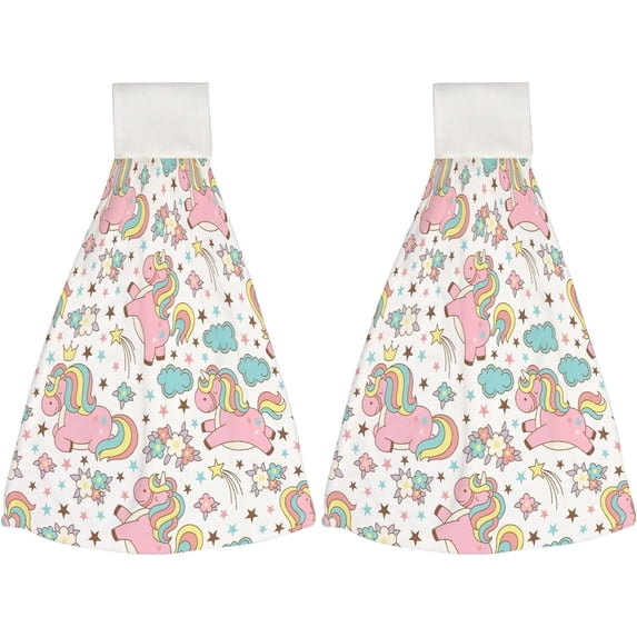 Hanging Towels 2 Pcs, Dish Towels Unicorn Pattern with Clouds Absorbent Hand Towels with Hanging Loop Washcloth for Bathroom Kitchen