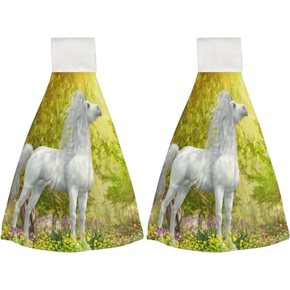 Hanging Towels 2 Pcs, Dish Towels Unicorn Stands in a Meadow Absorbent Hand Towels with Hanging Loop Washcloth for Bathroom Kitchen