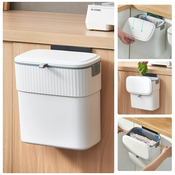 Hanging Trash Can with Lid 2.5 Gallon Kitchen Compost Bin for Under Sink, Plastic Wall-Mounted Garbage Can, Small Kitchen Trash Bin, Small Trash Can with Lid for Cupboard Countertop