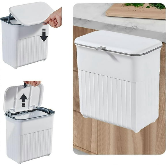 Hanging Trash Can with Lid, 9 L Kitchen Compost Bin Hanging Counter Waste Basket, Kitchen Bathroom Wall Mounted Trash for Counter Top or Under Sink tr