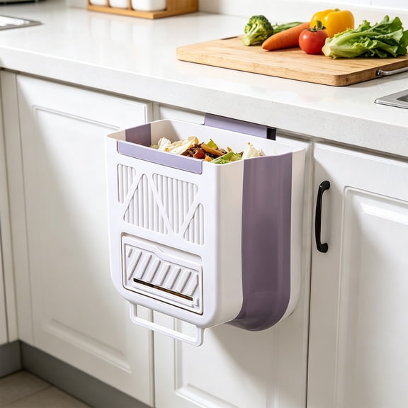 Hanging Trash Can, Wall Mounted Trash Can, 10.24x9.84x6.3 Inch Purple Food Waste Bin, Foldable Plastic Telescopic Storage Bin For Kitchen