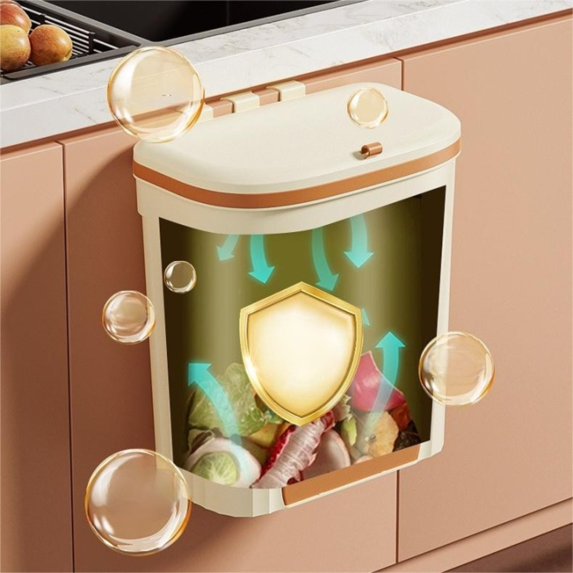 Hanging Can with Lid, Kitchen Compost Bin for Counter Top, Under Sink or Wall Mount, Small Garbage Can for Cupboard/Bathroom/Bedroom/RV, Beige