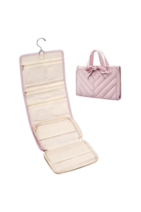 Hanging Travel Jewelry Organizer Bag 28.74x7.87 Inch, Foldable Roll Up Case with Zipper Pockets for Earrings Necklaces Rings Bracelets(Pink)