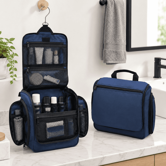 Hanging Travel Toiletry Bag, Oxford Blue Large, 10 Compartment ...