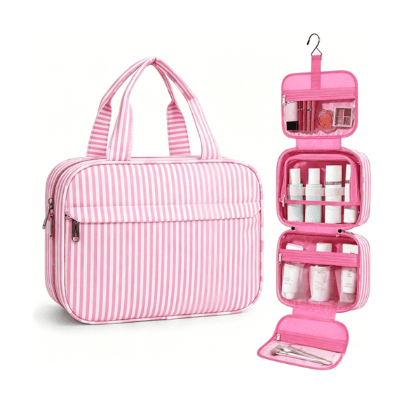 Hanging Travel Toiletry Bag for Women, Cosmetic Makeup Bag Organizer Multiple Mesh & Zipper Pockets for Travel-Size Toiletries,Pink Stripes