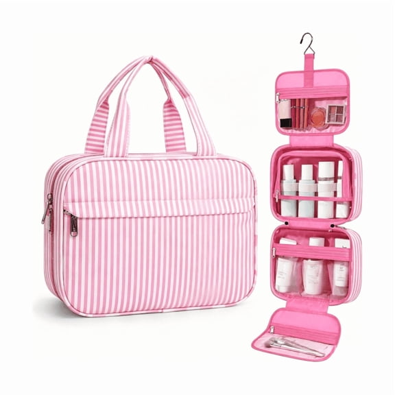 Hanging Travel Toiletry Bag for Women, Cosmetic Makeup Bag Organizer Multiple Mesh & Zipper Pockets for Travel-Size Toiletries,Pink Stripes