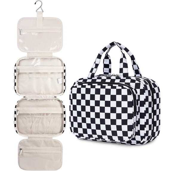 Hanging Travel Toiletry Bag with Hook, Makeup Bags for Women Cosmetic Organizer Toiletries for Brush Shampoo Travel Essentials, Black Checkerboard