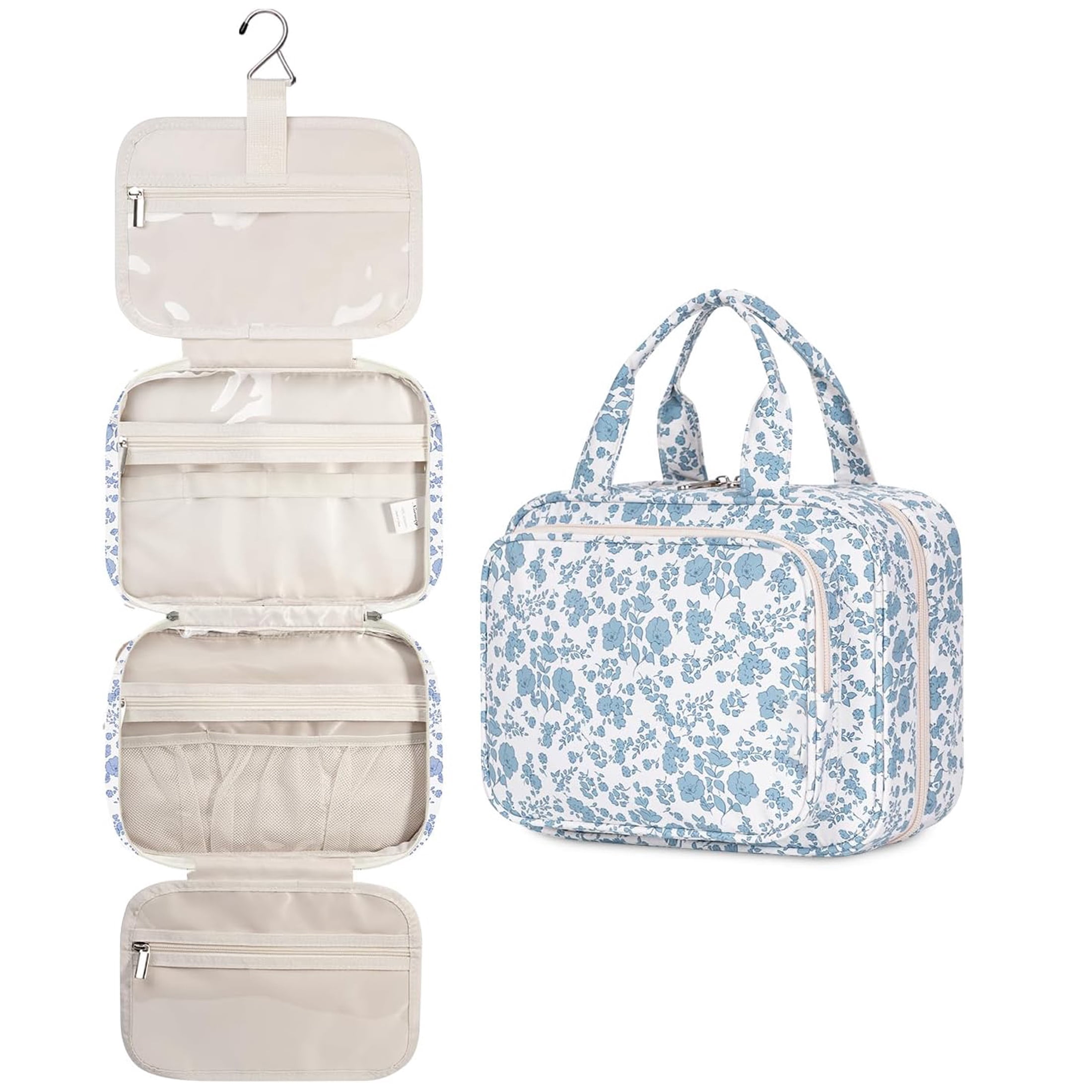 Hanging Travel Toiletry Bag with Hook, Makeup Bags for Women Cosmetic Organizer Toiletries for Brush Shampoo Travel Essentials, Blue Flower