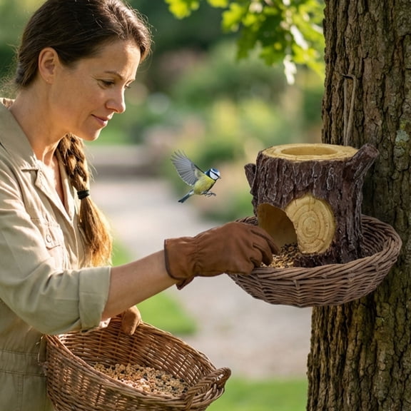 Hanging Tree Stump Bird Feeder European- Craft Suitable For Courtyards Balconies And Gardens, 1Pc Bird Feeding Station With Natural Tree Trunk Design For Outdoor Bird