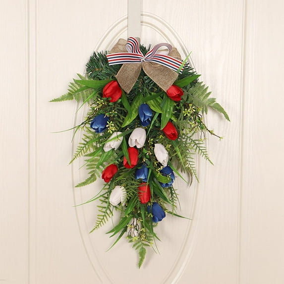 Hanging Tulips Wreath Front Door Swag Garland Vivid Leaves Handmade Artificial Floral Arrangement for Party Wedding Independence Day Easter