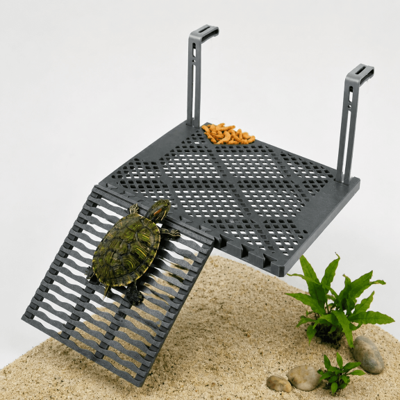 Hanging Turtle Basking Dock & Food Bowl, Durable Plastic Reptile Resting Platform for Aquarium Tank, Black