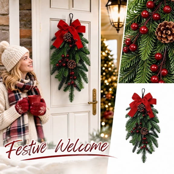 Hanging Upside Down Artificial Christmas Tree with Red Berries, Rustic Teardrop Front Door Hanging Decor for Farmhouse Entryway, Festive Wall Decoration for Winter Wonderland