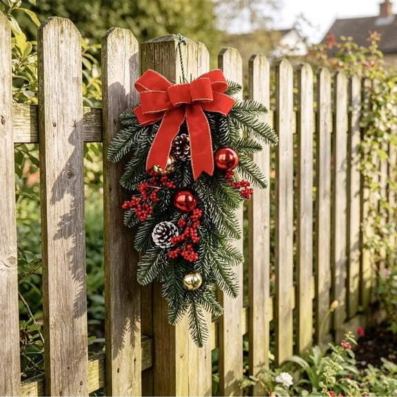 Hanging Upside Down Artificial Christmas Tree with Velvet Bow, Flocked Pine Branch Front Door Hanging Decor with Pinecones, Rustic Farmhouse Decor for Classic Holiday