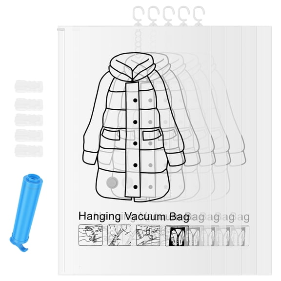 Hanging Vacuum Storage Bag for Clothing 5 Pack Hanging Vacuum Seal Bag for Clothing Suit Closet Storage Clothes Cover for Jacket Blanket