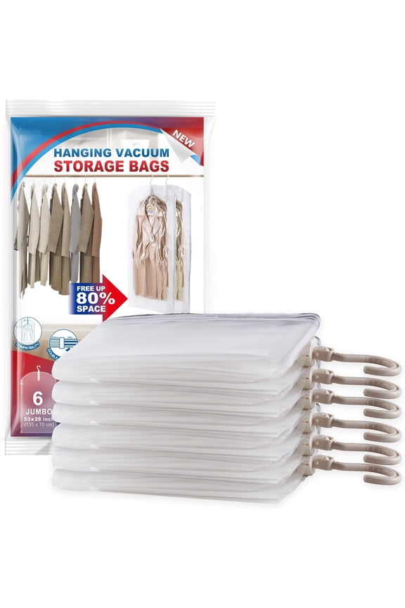 Hanging Vacuum Storage Bags, 6 Pack Large Seal Garment Bags for Clothing, Space Saver Clothes, Suits, Dresses, Jackets, Clothing Moving Supplies(6 Long)