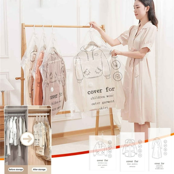 Hanging Vacuum Storage Bags for Clothes, Space-Saving Closet Organizer with 4 Hooks, Clear Reusable Airtight Compression Bags, Waterproof Odor-Proof Long-Term Storage Solution for Bulky Seasonal