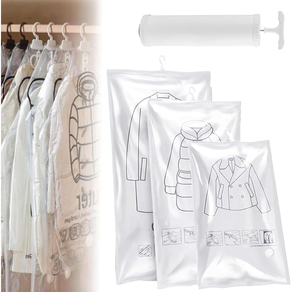Hanging Vacuum Storage Bags for Coats, Reusable Space Saver Closet Organizer with Clear Protective Cover, Compression Bags for Jackets, Suits, Dresses and Travel (Bag+Manual Pump, M*3)