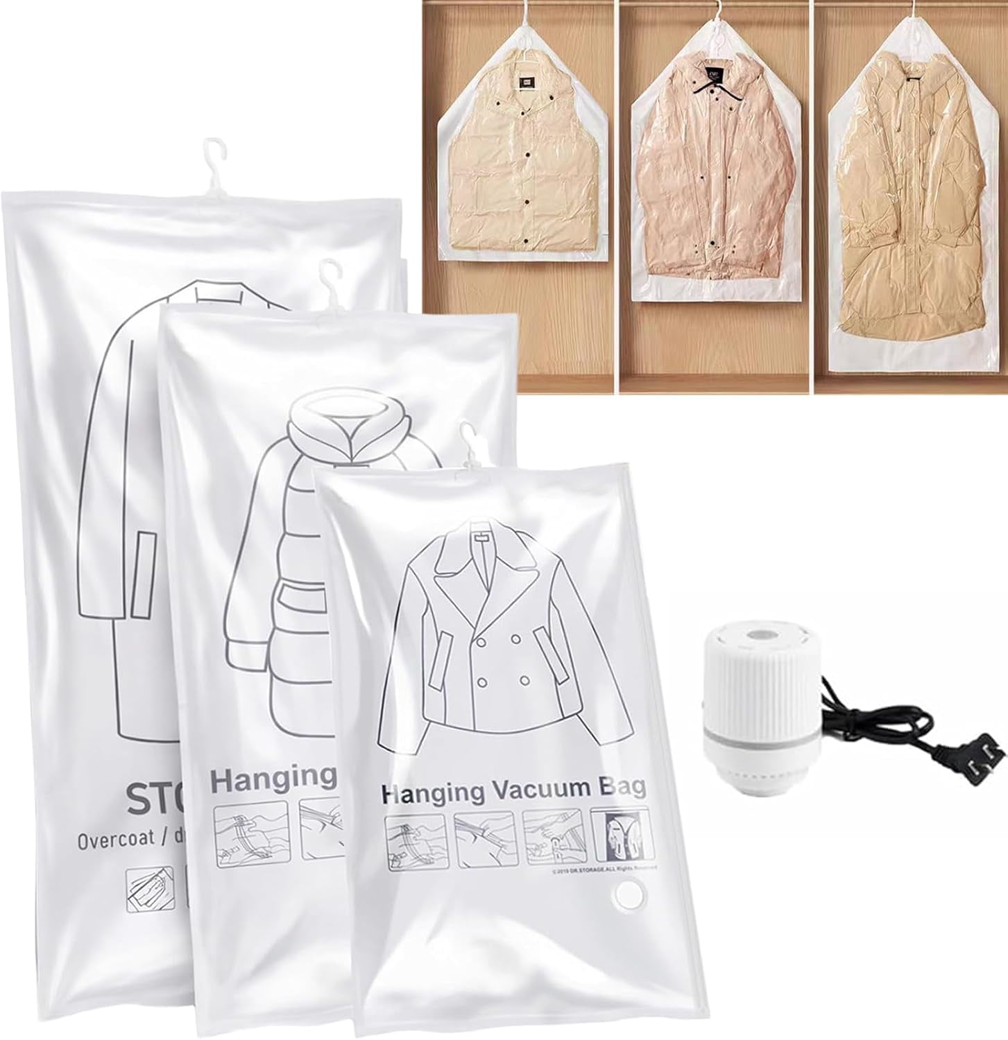 Hanging Vacuum Storage Bags Reusable for Coats Suits