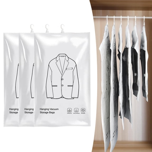Hanging Vacuum Storage Sealer Bags Space Saver Bag for Clothing, Suits and Jackets, Closet Organizers, Travel, Set of 3(S), Clear