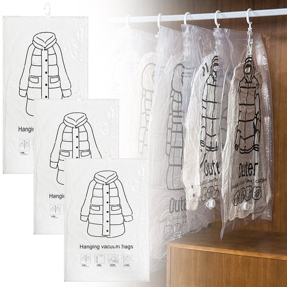Hanging Vacuum Storage Sealer Bags Space Saver Bag for Clothing, Suits and Jackets, Closet Organizers, Travel, Set of 3 Small