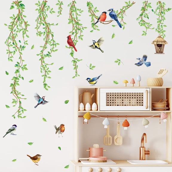 Hanging Vines with Flowers Wall Decals Flower and bird wall stickers Green Plant Leaves Bird Wall Stickers DIY Transparent decals Peel and Stick for Bedroom Living Room Wall Art Decor