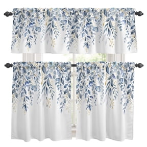 Hanging Vines Window Curtains Valance Set of 3 Rustic Farmhouse Wisteria Dusty Blue Leaves Botanical Rod Pocket Small Kitchen Curtain, Soft Window Treatment for Bedroom Party Holiday Decor