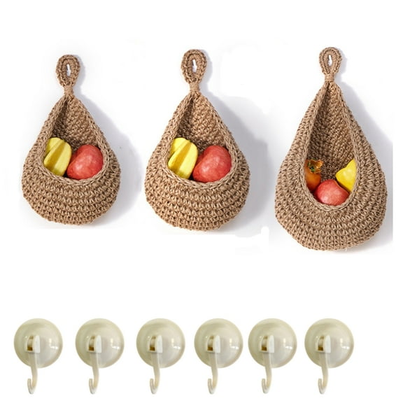 Hanging Wall Basket Teardrop Hanging Baskets Onion Basket Coat Bohemian Storage Fruit Wall Hooks for Kitchen Wall Home Restaurant Storage Vegetable, 3 Sizes(Linen)