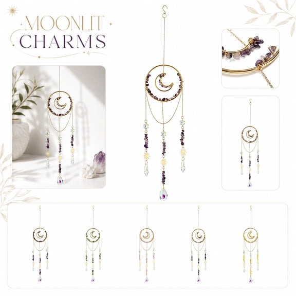 Hanging Wall Decor, Crystal Suncatcher, Sun and Moon Decor, Amethyst Crystal Decor, 20X4 Inch Gold Metal Hanging Ornament with Iridescent Prism Pendants for Window, Bedroom,