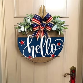 Hanging Wall Decor, Door Hanger Decor, Wall Decor for Living Room, Patriotic Decorations, Round Wooden, Hello Script, Greenery Bow, Red Stars, 12 In, 1 Pc Independence Day