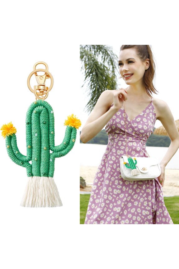 Hanging Wall Decor,Green Cactus Key Chain Boho Beads Handwoven Hand For A Bag Pendant