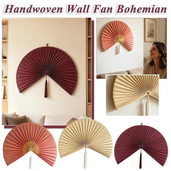 Hanging Wall Decor, Large Wall Art for Living Room, Pink Bamboo Wall Fan Decor, Boho Living Room Decor with Handcrafted Woven Details, 40X28 Inch 1 Pc Bohemian Style Wall Hanging