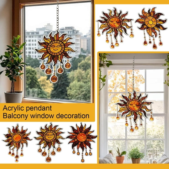 Hanging Wall Decor, Outdoor Hanging Decor, Celestial Decor, Garden Decorations Outdoor, 8X8 Inch 2D Acrylic Sun Style Pendant with Decorative Beaded Chain for Balcony Window,