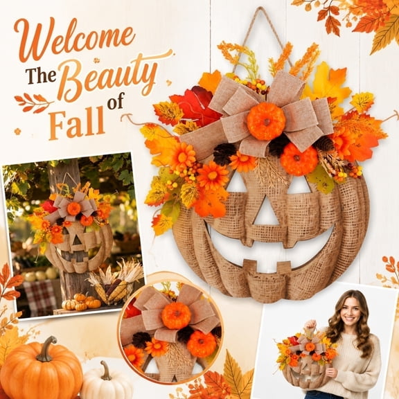 Hanging Wall Decor, Outdoor Porch Decor, Halloween Decorations, Wooden Decor Burlap Textured Wooden Jack-O-Lantern Door Hanger Wreath, 14X14X3.5 in Fall Pumpkin Hanging Sign,