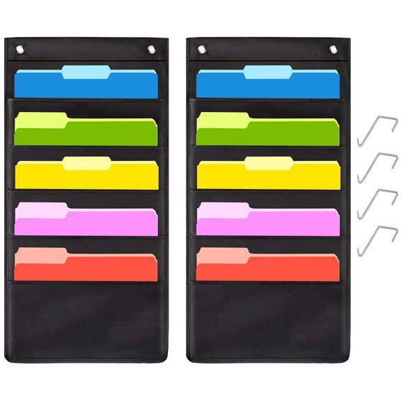 Hanging Wall File Folder Org Storage Pocket Chart with 5 Pocket for Assignments, Books, Files, Mails - 2 Pack (Black)