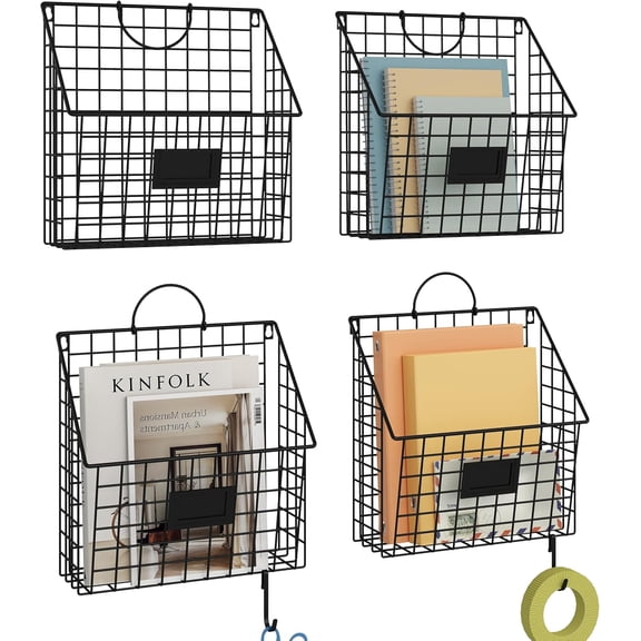 Hanging Wall File Holder Organizer Metal Wall Mount File Folders Holder Magazine Rack with Handles and Hooks , for Home Office, 4 Packs, Black (Patent Pending)