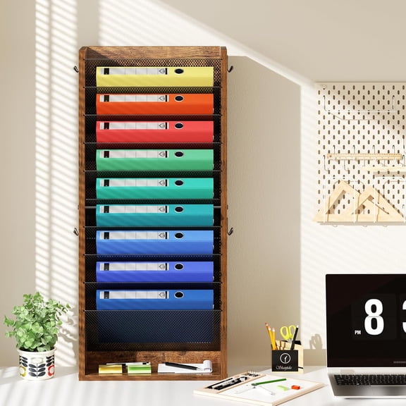 Hanging Wall File Organizer, 11 Tier Wood Wall File Holder with 4 Hooks, Mail Organizer Wall Mounted with Bottom Flat Tray, Vertical Paper Desk Storage for Office, Home, Rustic Brown
